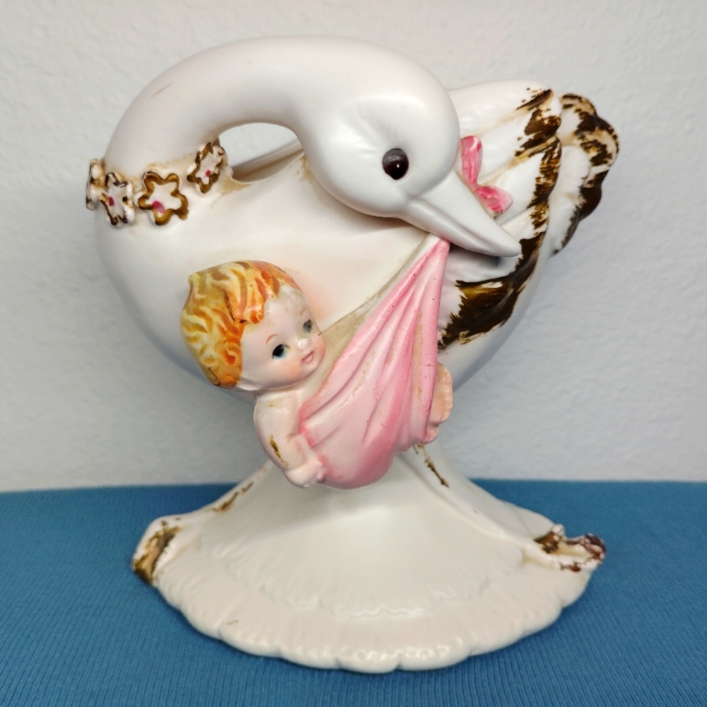 Lefton Porcelain Vase Baby Girl Planter Container Bird 1963 Vintage #1789 Pink - Picture 15 of 15